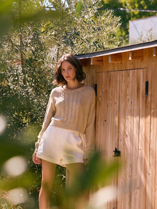 Sweaters - Washed Cable Knit Loose Fit Round Neck Sweater - L